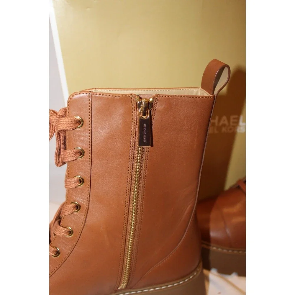 MICHAEL Michael Kors Blake Leather Combat‎ Boots LUGGAGE BROWN 9.5 NIB
